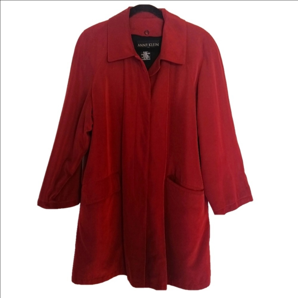 Anne Klein Trench Coat Women Size 8 Burgundy Hidden Button Wool Blend Lining